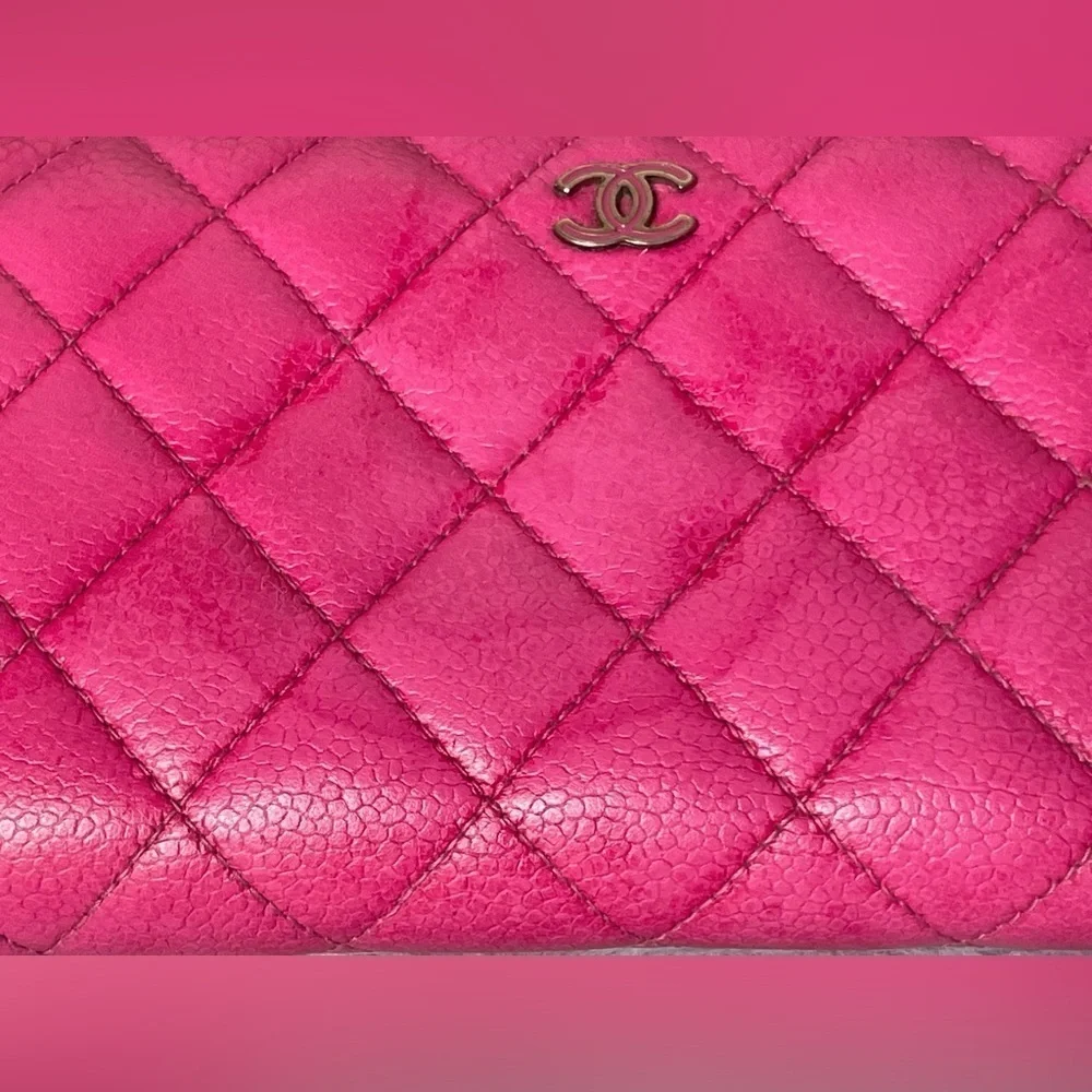 Chanel Pink Caviar Zip Around Quilted Leather Zip Around Long Wallet